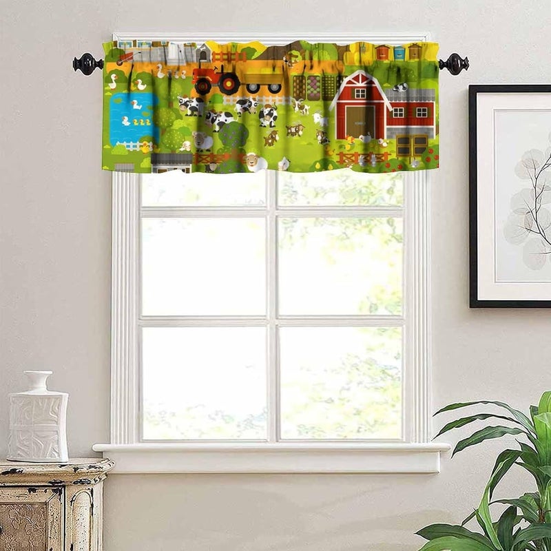 JanJCurt Cartoon Farm Animals Kids Valance, Cute Child Farmhouse Country Tractors Sheep Cow Pig Flowers Blackout Short Window Drape Curtain for Boys Girls Bedroom Living Room, 54x18inch - Image 2